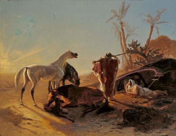 unknow artist Rastendes Beduinenpaar mit Araberpferden oil painting picture